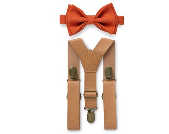 Burnt Orange Bow Tie & Tan Leather Suspenders for Baby Toddler Boy Kids Men, Wedding Bow Tie Suspenders