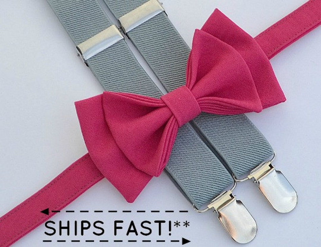 Hot Pink Begonia Bow Tie & Light Grey Suspenders for Groom - Etsy