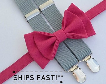 Hot Pink Begonia Bow Tie & Light Grey Suspenders for Groom, Groomsmen, Ring Bearer Outfit