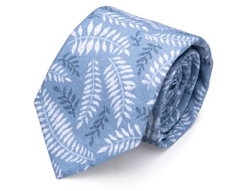 Dusty Blue Necktie for Men, Dusty Blue Feather Print Tie, Wedding Ties, Wedding Neckties, Ties for Groom and Groomsmen