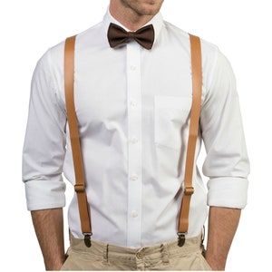 Tan Leather Suspenders & Brown Bow Tie for Baby Boy Toddler Men, Bow Tie Suspenders for Mens, Bow Tie Suspenders Groom Groomsmen