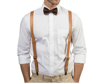 Tan Leather Suspenders & Brown Bow Tie for Baby Boy Toddler Men, Bow Tie Suspenders for Mens, Bow Tie Suspenders Groom Groomsmen