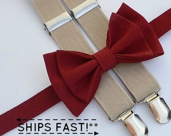 Bow Tie Suspenders Set, Burgundy Wine Bow Tie, Tan Beige Suspenders, Wedding, Groom, Groomsmen, Ring Bearer