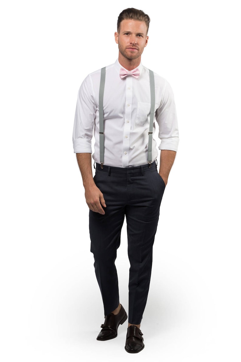 blush pink bow tie and suspenders