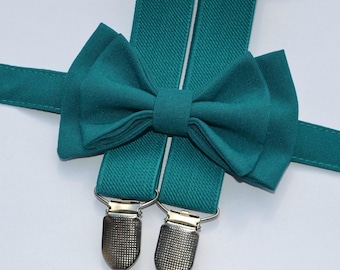 Gravata borboleta e suspensórios azul-petróleo, trajes de casamento de outono para padrinhos e madrinhas, conjunto para porta-alianças, suspensórios de gravata borboleta verde-floresta, suspensórios infantis