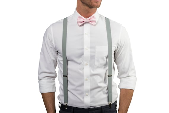 blush pink suspenders and bow tie