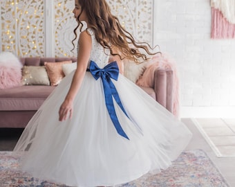 White Navy Flower Girl Dress, Birthday Girl Dress, Navy Blue Beads Tulle Dress, Ankle Length Dress for Weddings, Princess Dress for Toddler