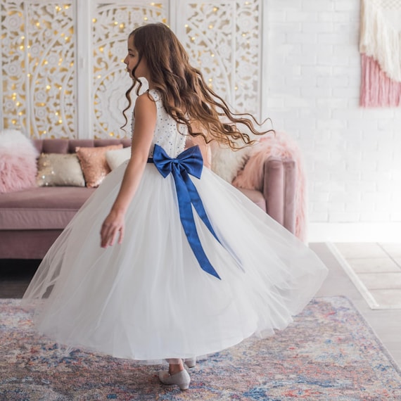 White Navy Flower Girl Dress, Birthday Girl Dress, Navy Blue Beads Tulle Dress, Ankle Length Dress for Weddings, Princess Dress for Toddler