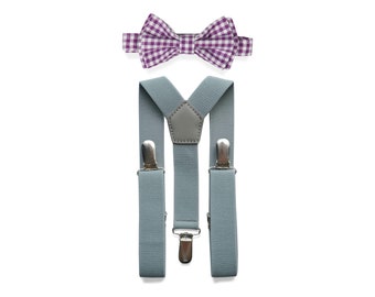 Purple Bow Tie & Light Grey Suspenders for Baby Toddler Boy Men, Bow Tie Suspenders for Toddlers, Ring Bearer Bow Tie Suspenders Wedding