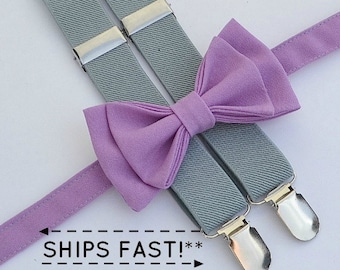 Light Gray Suspenders & Wisteria Purple Bow Tie  for Groom, Groomsmen, Ring Bearer, Wedding Bow Tie and Suspenders