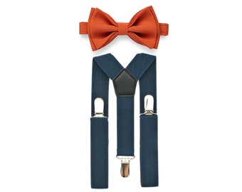 Orange Fliege & Navy Blau Hosenträger Set, Hochzeit Fliege Hosenträger, Fliege Hosenträger Bräutigam und Trauzeugen