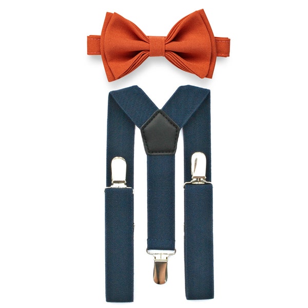 Burnt Orange Bow Tie & Navy Blue Suspenders Set, Wedding Bow Tie Suspenders, Bow Tie Suspenders Groom and Groomsmen