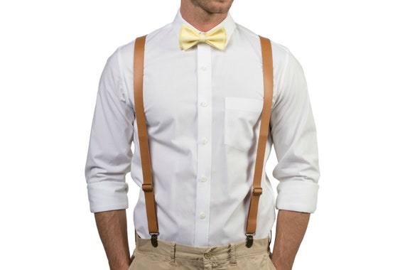 Bretelles en cuir marron clair et noeud papillon jaune pour homme bretelles noeud papillon de mariage tenue pour le marie idees de tenues de garcons d honneur mariages bohemes rustique Etsy France
