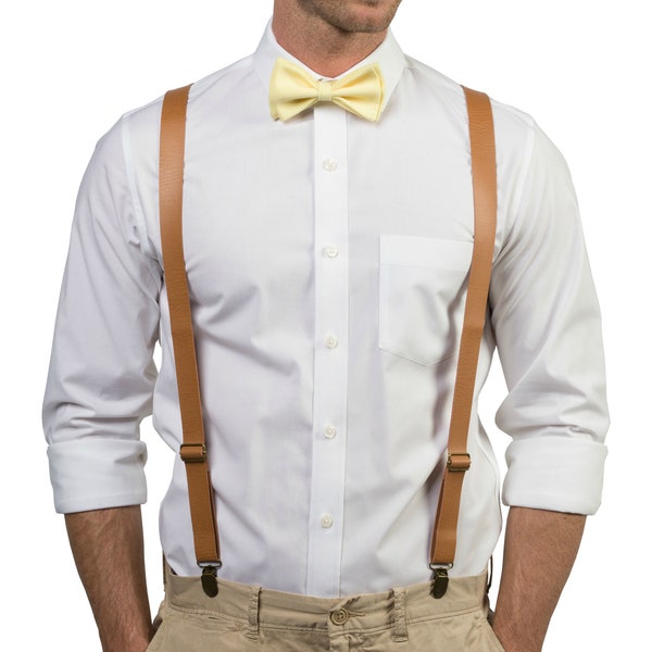 Tan Leather Suspenders & Yellow Bow Tie Mens, Wedding Bow Tie Suspenders, Bow Tie Suspenders Groom Groomsmen
