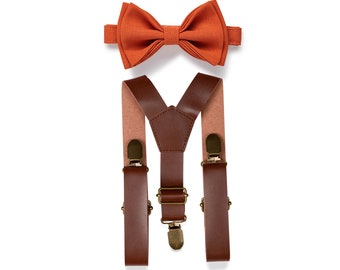 Burnt Orange Bow Tie & Brown Leather Suspenders for Baby, Toddler, Boy, Child, Kids, Men, Wedding Bow Tie Suspenders