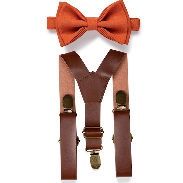 Burnt Orange Bow Tie & Brown Leather Suspenders for Baby, Toddler, Boy, Child, Kids, Men, Wedding Bow Tie Suspenders