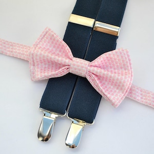 Blush Pink Bow Tie & Navy Suspenders with Blush Pocket Square for Baby Toddler Boy Men