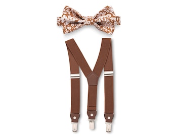 Chocolate Brown Suspenders & Copper Floral Bow Tie for Weddings, Bow Tie Suspenders for Groomsmen Groom, Classic Wedding Outfit Groomsmen