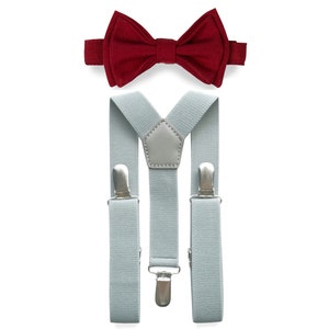Burgundy Wine Bow Tie & Light Grey Suspenders for Baby Toddler Boys Kids Men, Bow Tie Suspenders for Groomsmen, Ring Bearer Burgundy Outfit