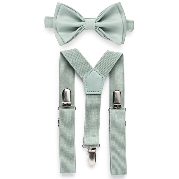 Sage Green Suspenders & Sage Green Bow Tie, Boho Wedding Outfits, Wedding Bow Ties and Wedding Suspenders for Groom Groomsmen