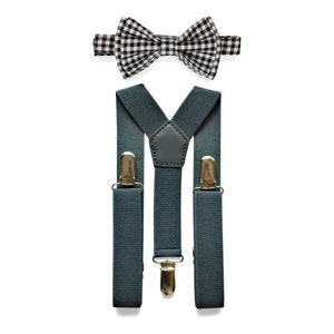 Dark Grey Suspenders & Black Gingham Bow Tie, Bow Tie Suspenders for Baby Boy, Bow Tie Suspenders Toddlers, Bow Tie Suspenders Ring Bearer