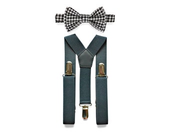 Dark Grey Suspenders & Black Gingham Bow Tie, Bow Tie Suspenders for Baby Boy, Bow Tie Suspenders Toddlers, Bow Tie Suspenders Ring Bearer