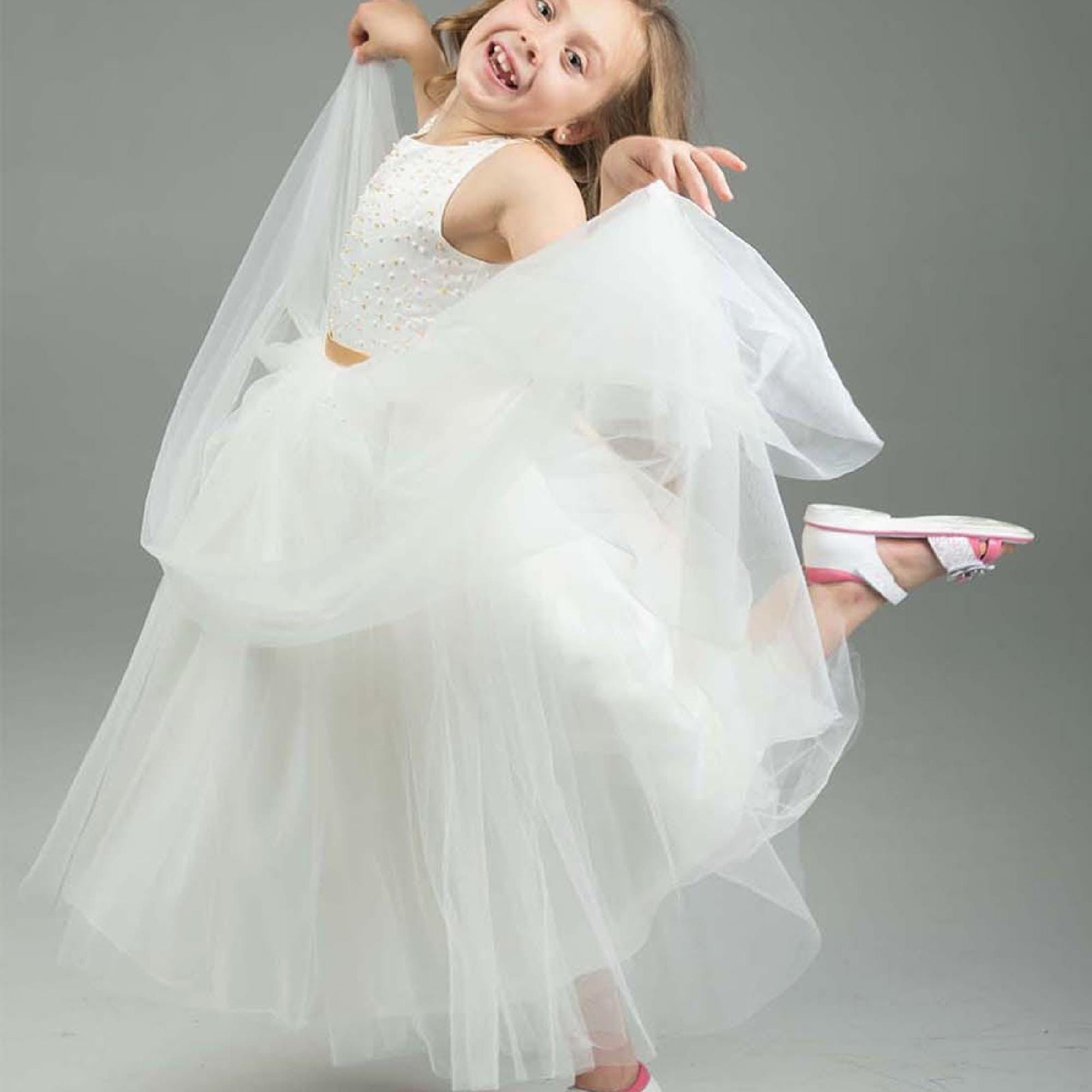 Gold Christmas Dress for Girls, White Gold Beads Flower Girl Dress for Weddings, Birthday Girl Dress, Ankle Length Tulle Dress