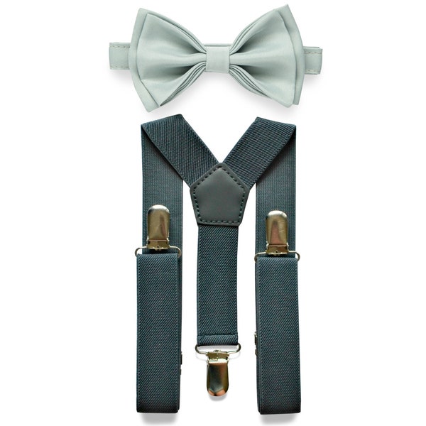 Dusty Sage Bow Tie & Charcoal Grey Suspenders for Groom Groomsmen Ring Bearer, Bow Tie Suspenders for Mens, Wedding Bow Tie Suspenders