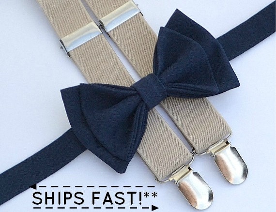 Bow Tie Suspender Set Navy Bow Tie Tan Beige Suspenders | Etsy