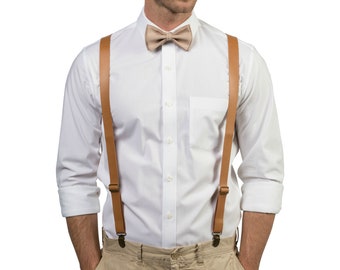 Tan Leather Suspenders & Tan Beige Bow Tie for Baby, Toddler, Boy, Child, Kids, Men, Wedding Bow Tie Suspenders Set