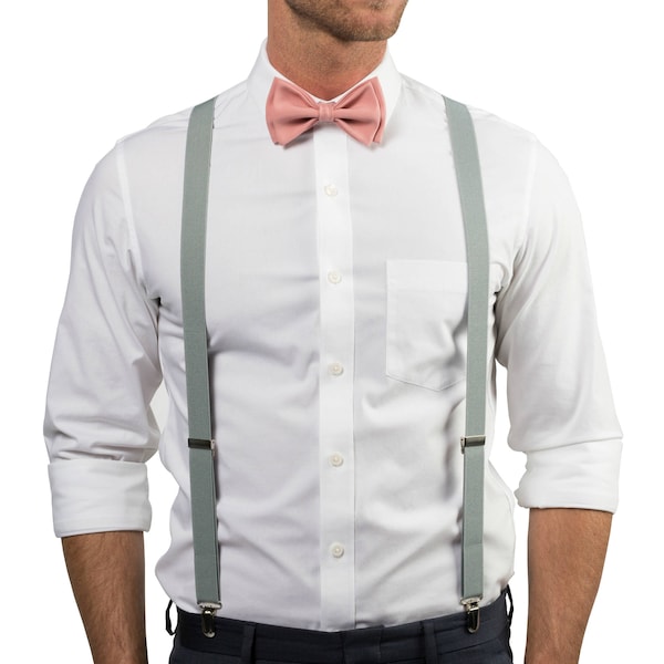 Noeud papillon rose poudré et bretelles gris clair hommes, bretelles noeud papillon pour tout-petits garçons, bretelles noeud papillon mariage bal de promo