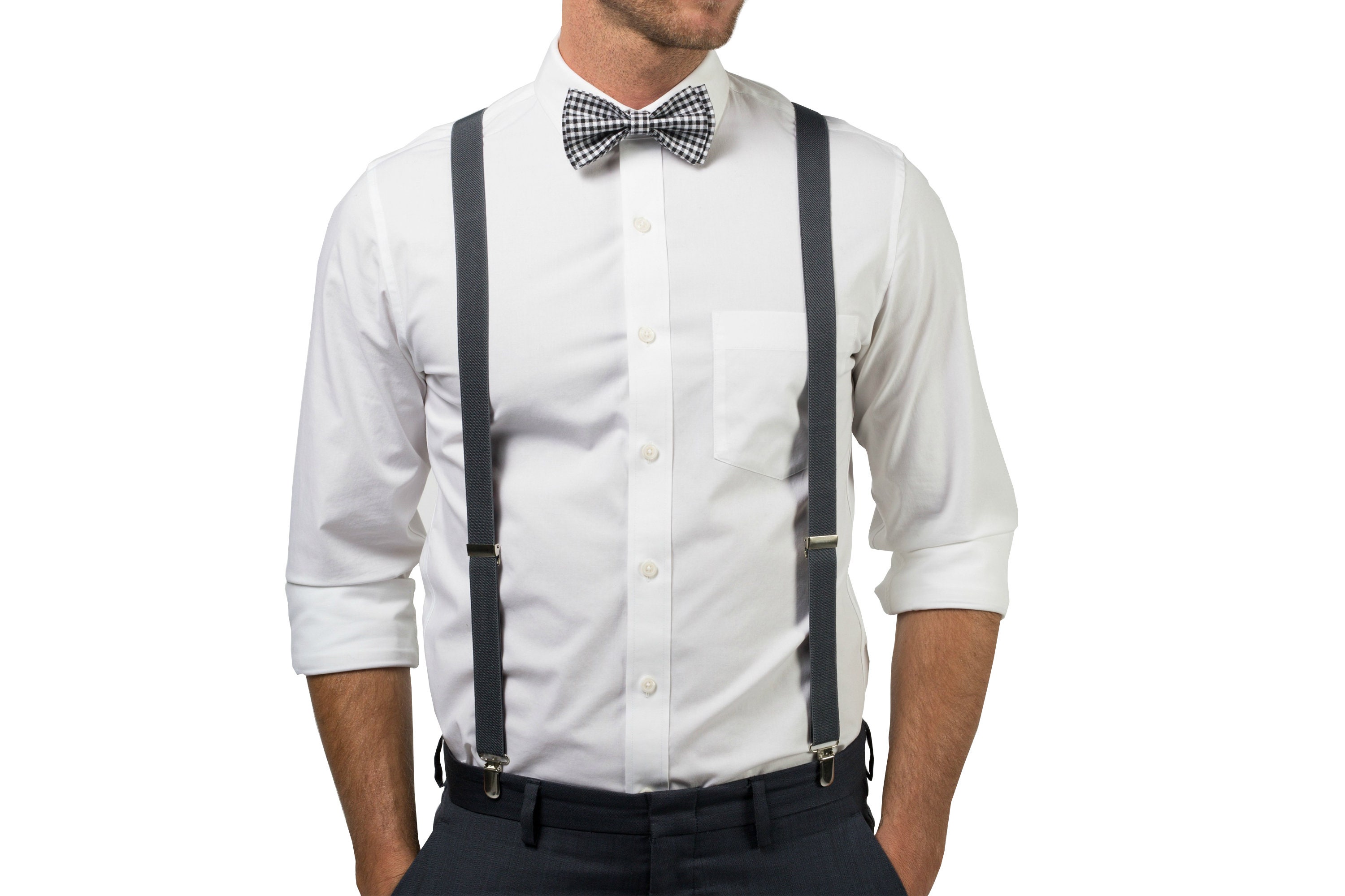Dark Grey Suspenders & Black Gingham Bow Tie Bow Tie Etsy