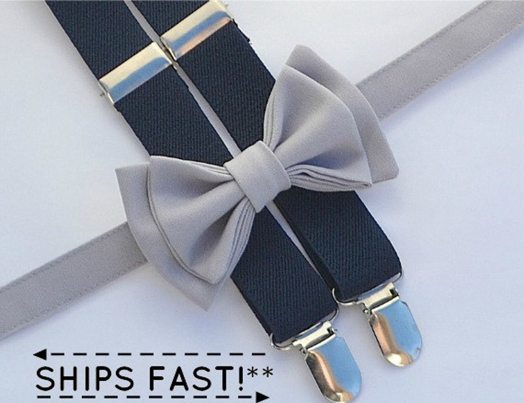 Bow Tie Suspenders Set Navy Suspenders & Silver Grey Bow Tie - Etsy