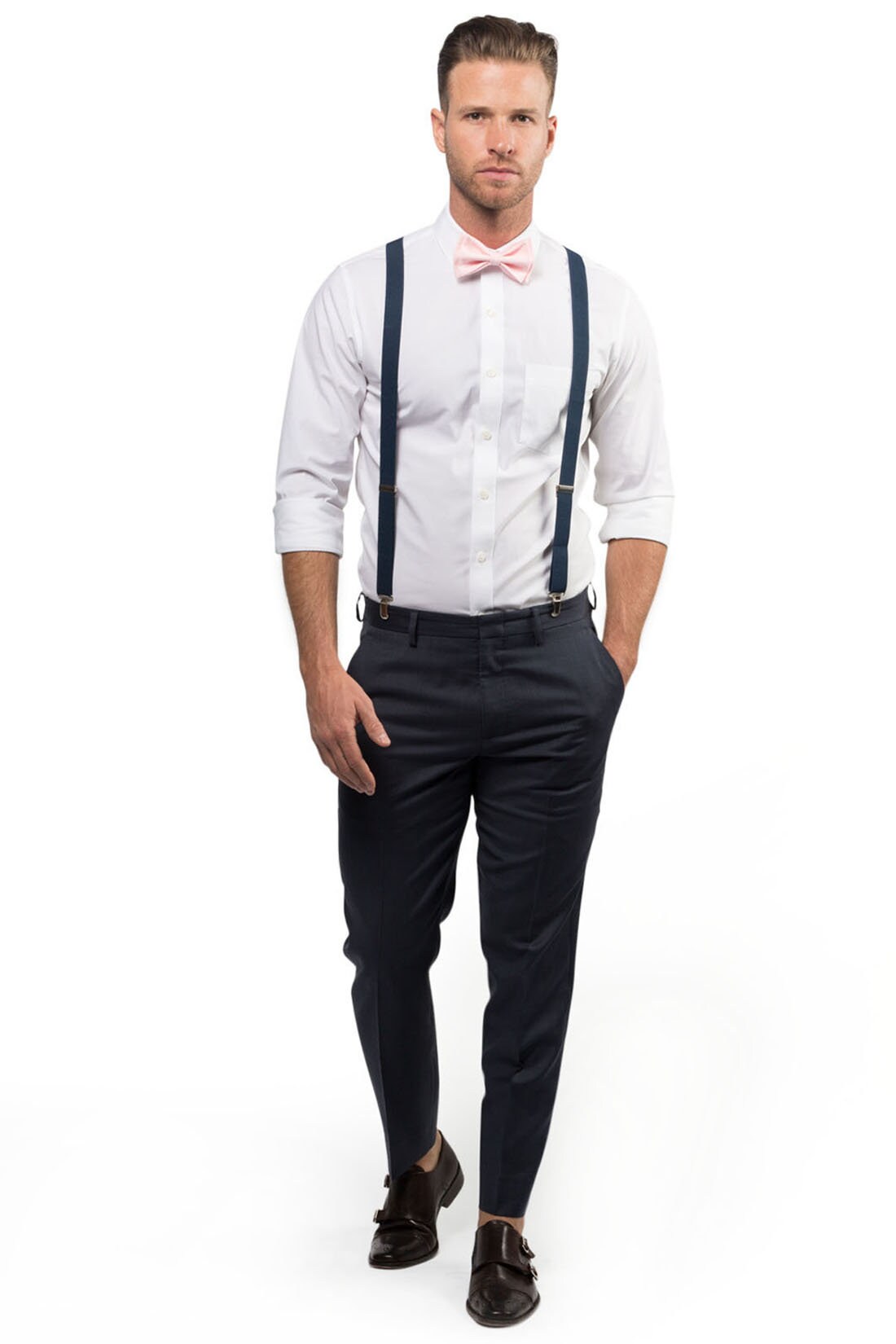 mens pink bow tie and suspenders