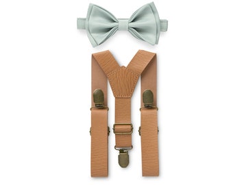 Dusty Sage Bow Tie & Tan Faux Leather Suspenders for Wedding Groom Groomsmen Ring Bearer, Bow Tie Suspenders Set Boys Mens