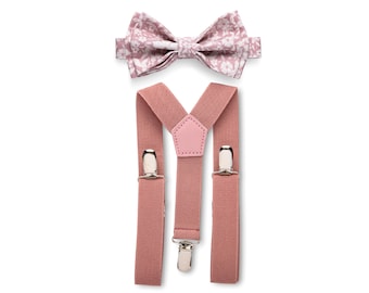 Dusty Rose Suspenders & Dusty Rose Floral Bow Tie, Groom Groomsmen Outfit, Ring Bearer Outfit, Boho Wedding Outfits