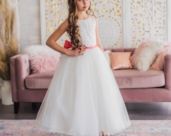 White Coral Flower Girl Dress, Coral Beads Tulle Dress, Birthday Girl Dress, Ankle Length Dress for Weddings