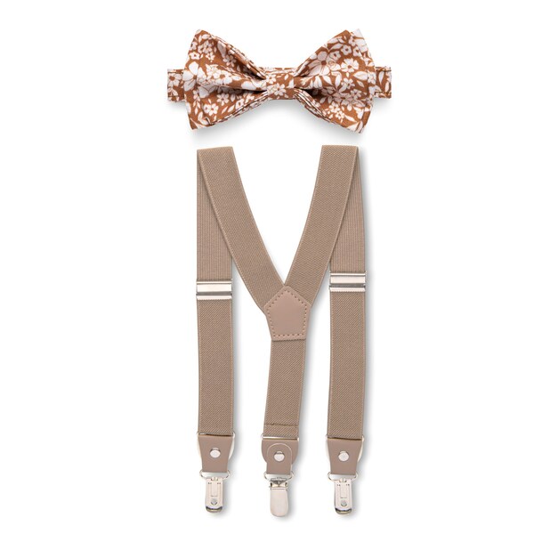 brown braces and bow tie