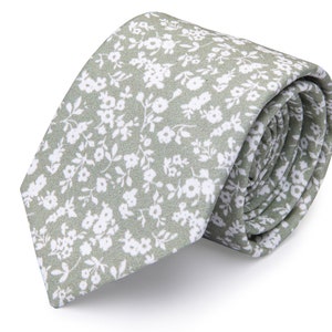 Dusty Sage Green Tie Floral Print for Man, Wedding Ties, Wedding Neckties, Ties for Groom and Groomsmen, Skinny Necktie