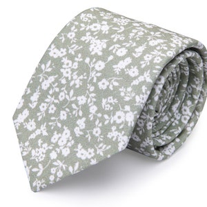 Dusty Sage Green Tie Floral Print for Man, Wedding Ties, Wedding Neckties, Ties for Groom and Groomsmen, Skinny Necktie, Wedding Attire Men
