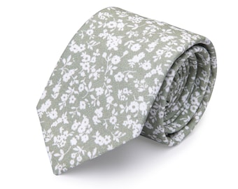 Dusty Sage Green Tie Floral Print for Man, Wedding Ties, Wedding Neckties, Ties for Groom and Groomsmen, Skinny Necktie