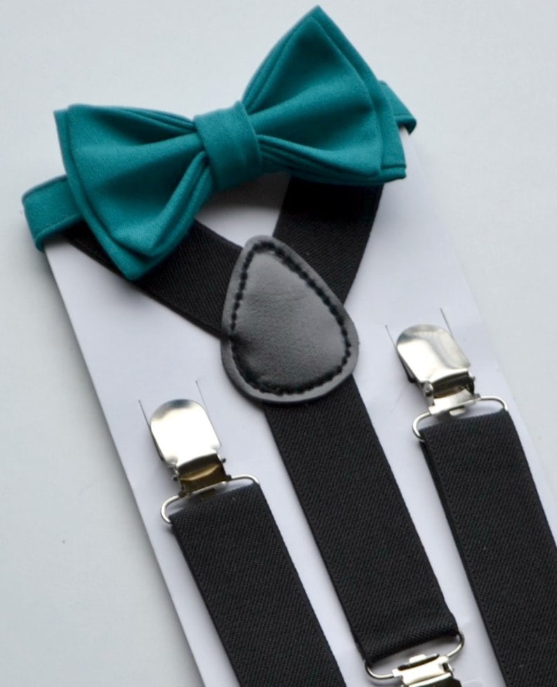 Black Suspenders & Teal Bow Tie with Teal Pocket Square for Etsy