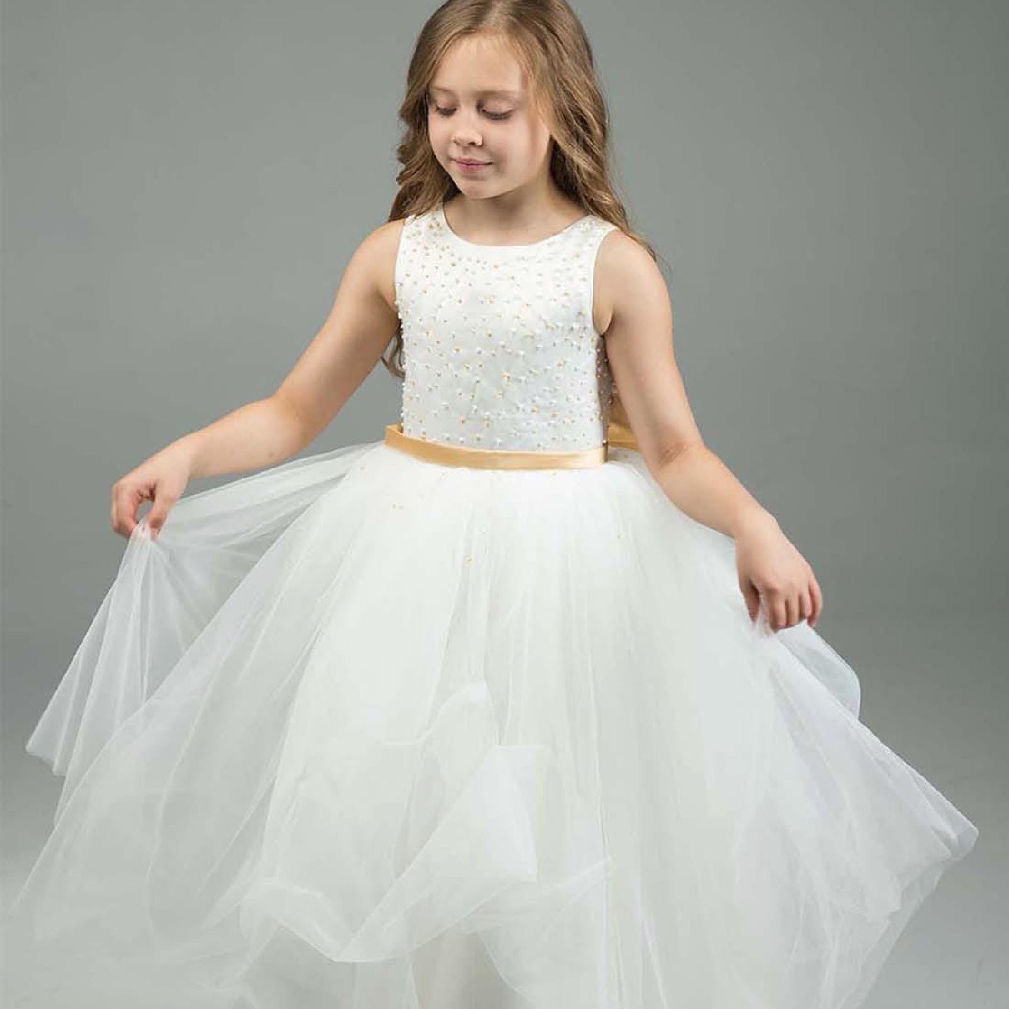 Gold Christmas Dress for Girls, White Gold Beads Flower Girl Dress for Weddings, Birthday Girl Dress, Ankle Length Tulle Dress Gold Christmas Dress for Girls, White Gold Beads Flower Girl Dress for Weddings, Birthday Girl Dress, Ankle Length Tulle Dress