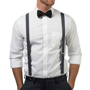 Charcoal Gray Suspenders & Black Bow Tie for Groom, Groomsmen, Ring Bearer Outfit