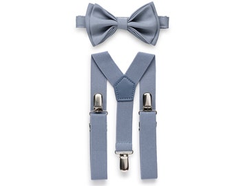 Dusty Blue Bow Tie & Dusty Blue Suspenders, Wedding Bow Tie Suspenders, Groom Groomsmen Suspenders Bow Tie