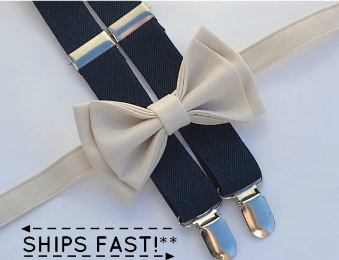 Cream Bow Tie & Navy Suspenders for Groom Groomsmen Ring - Etsy