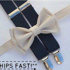 Cream Bow Tie & Navy Suspenders for Groom, Groomsmen, Ring Bearer Outfit