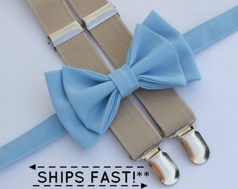 Suspenders Bow Tie Toddler Easter, Baby Blue Bow Tie, Beige Tan Suspenders, Bow Tie Suspenders for Boys, Suspenders Bow Ties for Men