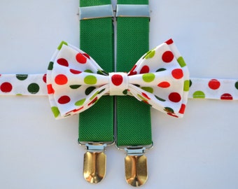 Christmas White Polka Dot Bow Tie & Green Suspenders for Baby Toddler Boy, Kids Suspenders, Kids Bow Ties, Child Suspenders, Child Bow Ties