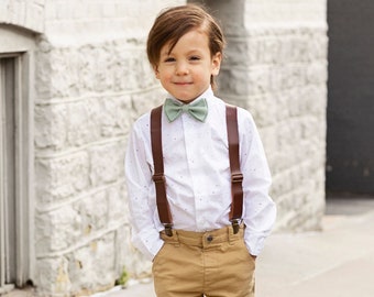 Kids Brown Suspenders & Dusty Sage Bow Tie, Bow Tie Suspenders for Toddler Boys, Ring Bearer Bow Ties Suspenders